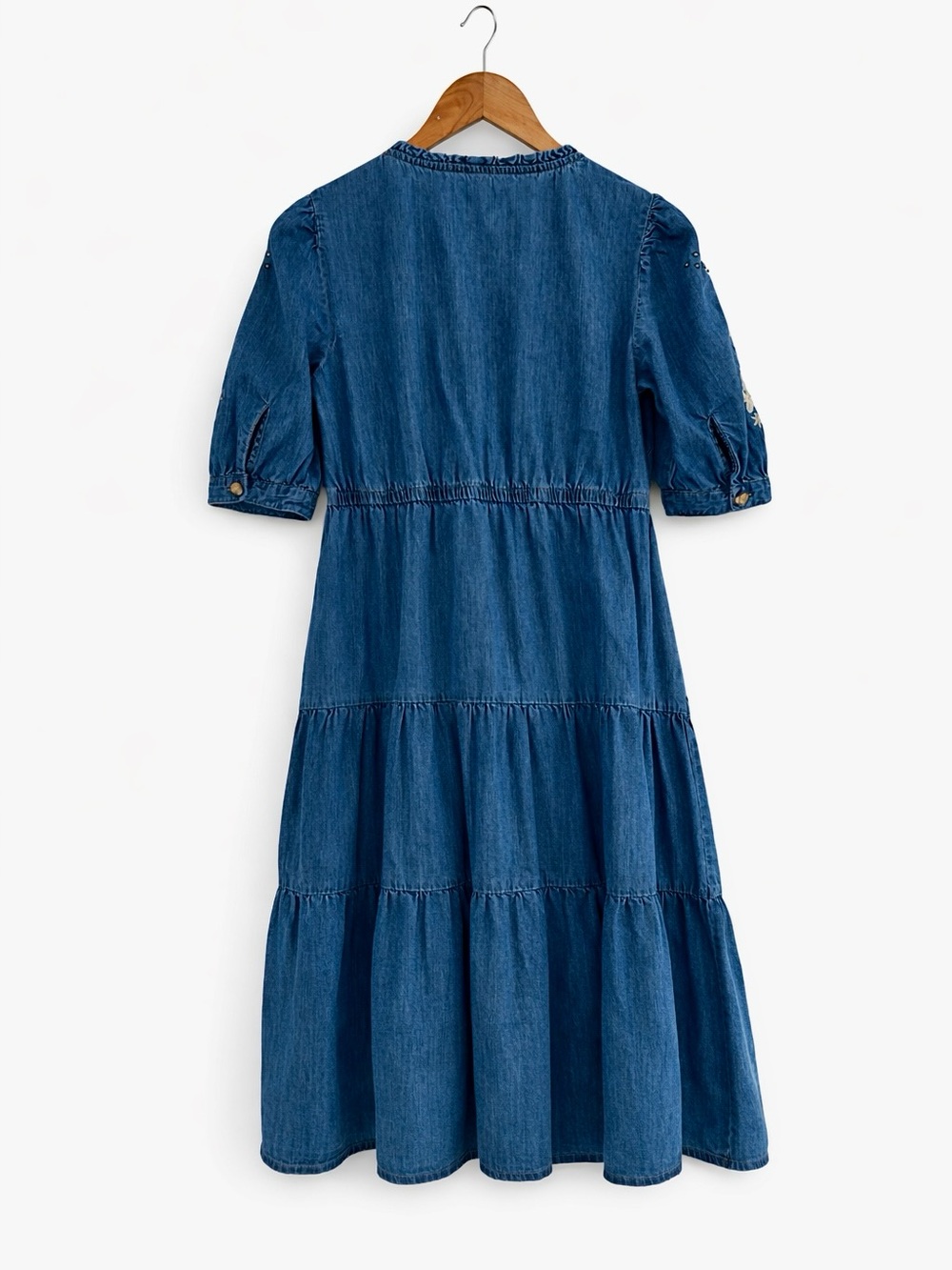 Monsoon Blue Denim Embroidered Tiered Midi Dress Size 8 - Picture 2 of 11